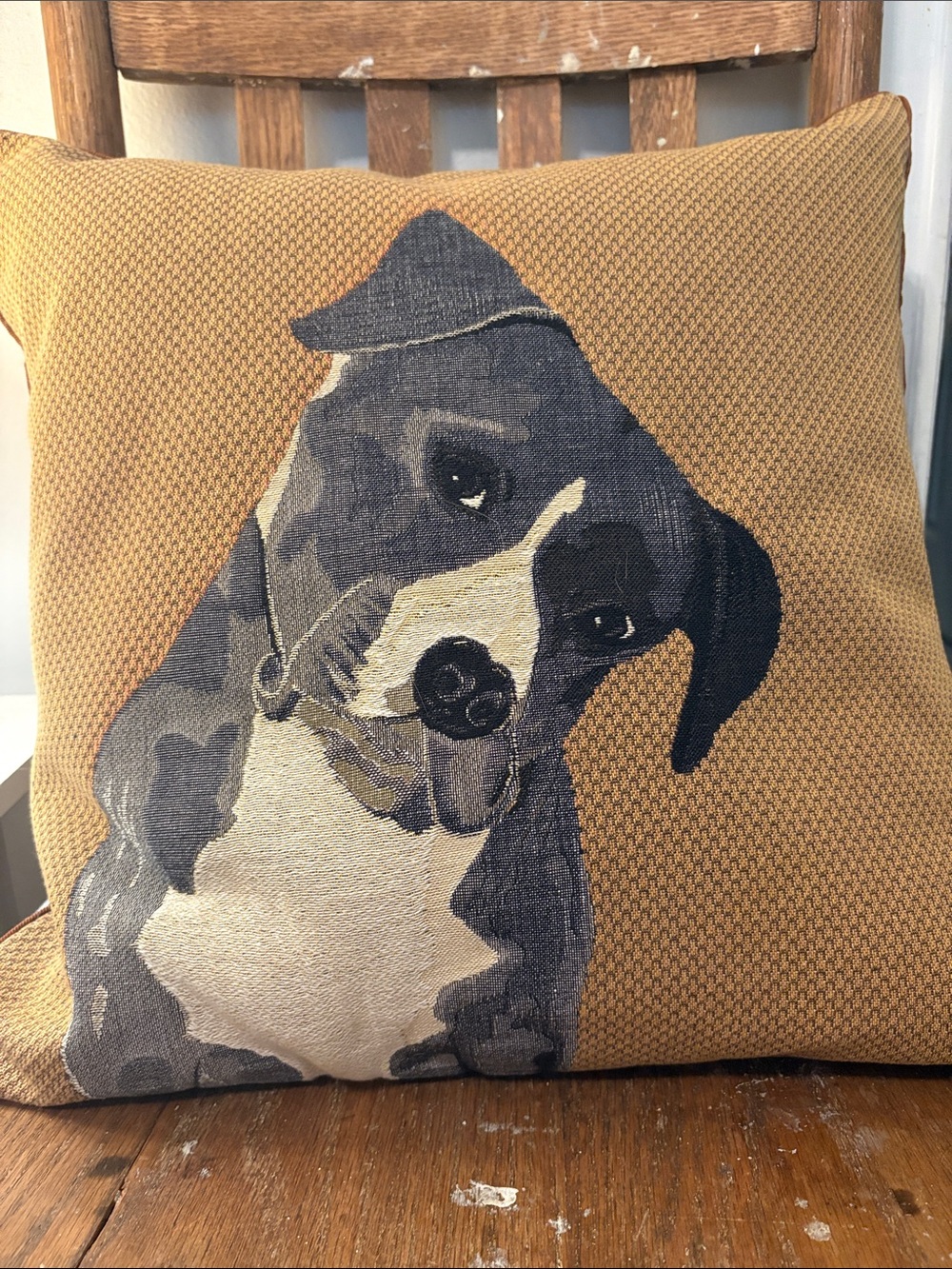 IOSIS Paris Dog tapestry decorative pillow with down cushion. 17 x 17 inches